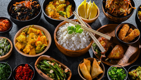 Composition with variety of east asian dishes.