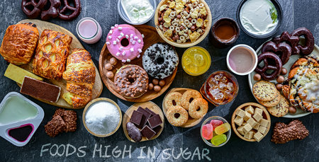 Food products high in added sugar. Junk food.の写真素材