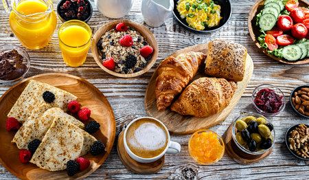 Breakfast served with coffee, orange juice, croissants, cereals, scrambled eggs and pancakes.