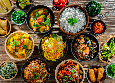 Composition with variety of east asian dishes.