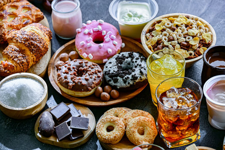 Food products high in added sugar. Junk food.の写真素材