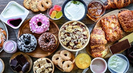 Food products high in added sugar. Junk food.