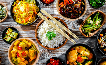 Composition with variety of east asian dishes.
