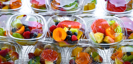 Plastic boxes with pre-packaged fruit salads, put up for sale in a commercial refrigeratorの写真素材