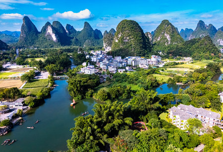 Aerial view of Yulong River with karst peaks near Yangshuo in the Guangxi Region, Chinaの写真素材
