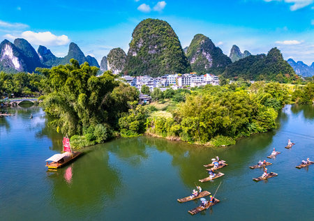 Aerial view of Yulong River with karst peaks near Yangshuo in the Guangxi Region, Chinaの写真素材