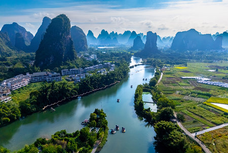 Aerial view of Yulong River with karst peaks near Yangshuo in the Guangxi Region, Chinaの写真素材