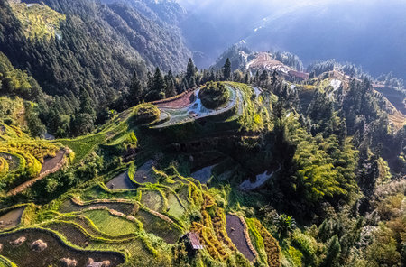 Aerial view of Jiabang Rice Terraces in the Congjiang County, Guizhou province, Chinaの写真素材
