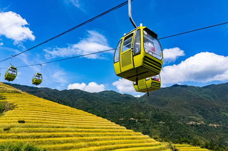 Cable car over Longsheng Rice Terraces in the Guangxi Region, China