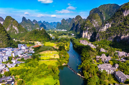 Aerial view of Yulong River with karst peaks near Yangshuo in the Guangxi Region, Chinaの写真素材