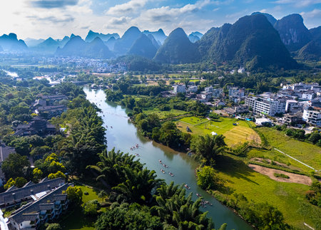 Aerial view of Yulong River with karst peaks near Yangshuo in the Guangxi Region, Chinaの写真素材
