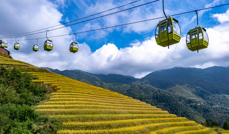 Cable car over Longsheng Rice Terraces in the Guangxi Region, China