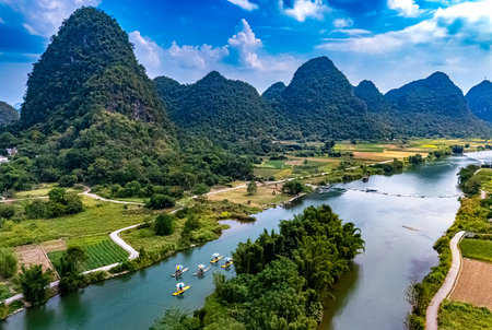 Aerial view of Yulong River with karst peaks near Yangshuo in the Guangxi Region, China
