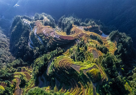 Aerial view of Jiabang Rice Terraces in the Congjiang County, Guizhou province, China