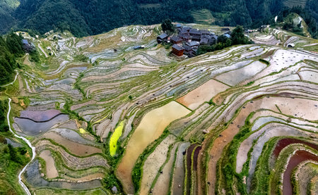 Aerial view of Jiabang Rice Terraces in the Congjiang County, Guizhou province, Chinaの写真素材