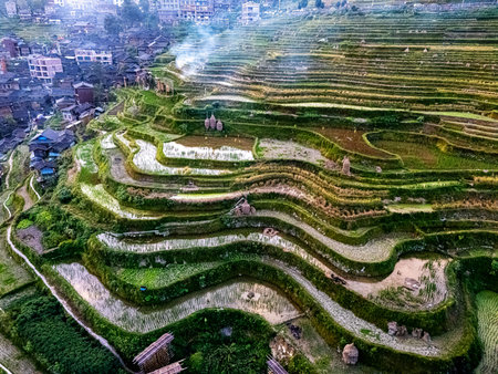 Aerial view of Jiabang Rice Terraces in the Congjiang County, Guizhou province, Chinaの写真素材