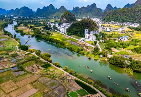Aerial view of Yulong River with karst peaks near Yangshuo in the Guangxi Region, Chinaの写真素材