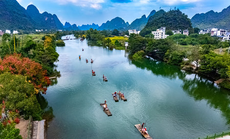 Aerial view of Yulong River with karst peaks near Yangshuo in the Guangxi Region, Chinaの写真素材