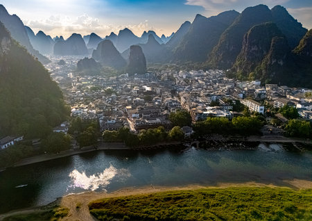 Aerial view of Yangshuo in the Guangxi Region, Chinaの写真素材