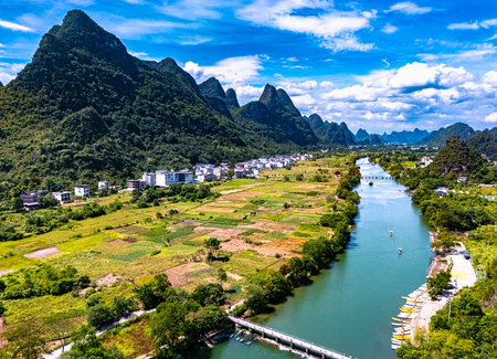 Aerial view of Yulong River with karst peaks near Yangshuo in the Guangxi Region, Chinaの写真素材