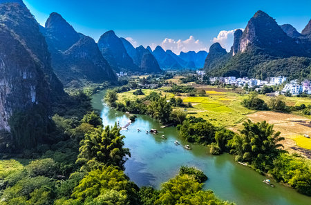 Aerial view of Yulong River with karst peaks near Yangshuo in the Guangxi Region, Chinaの写真素材