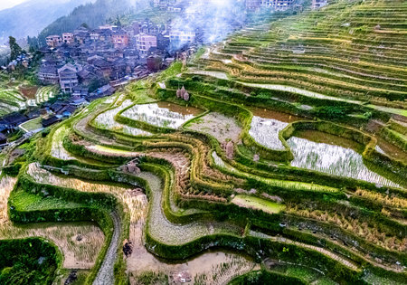 Aerial view of Jiabang Rice Terraces in the Congjiang County, Guizhou province, China