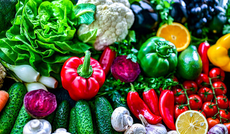 Fresh raw vegetables and fruits. Ingredients of vegan diet.