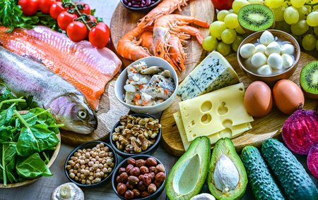 Food products representing the pescetarian diet.