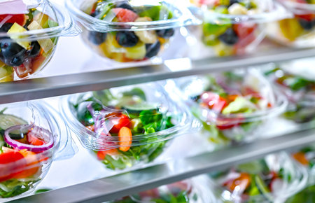 Plastic boxes with pre-packaged fruit and vegetable salads, put up for sale in a commercial refrigerator