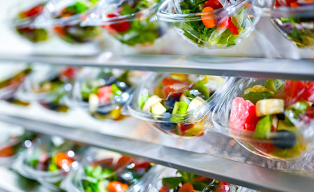 Plastic boxes with pre-packaged fruit and vegetable salads, put up for sale in a commercial refrigerator