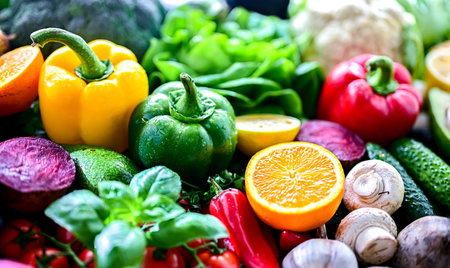 Fresh raw vegetables and fruits. Ingredients of vegan diet.