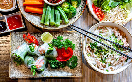 Set of traditional Vietnamese dishes including spring rolls and noodle soup
