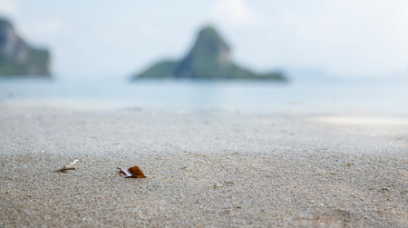 Summer sea sand background beach and sky Beautiful sandy beach with a summer concept The background of the mountain blurred in the middle of the sea.の写真素材