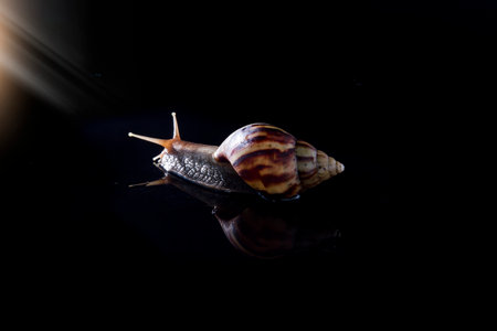 Achatina snails on a black background. Large snails. Snails on a black glass-black background. Snails on a dark studio backgroundの写真素材