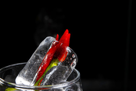 chilli in ice placed in glass on black backgroundの写真素材