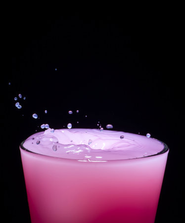 splashing water in a glass with pink water on black backgroundの写真素材