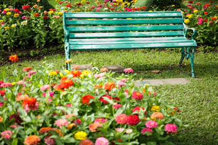 Chair seats in the park with flowers, front and back.の写真素材