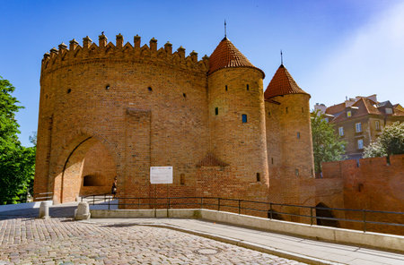Walls of the Warsaw Barbican on a sunny day.のeditorial素材