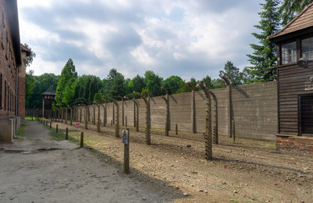 Fences and surveillance towers of the Auschwitz concentration camp, on a sunny day with some clouds.のeditorial素材