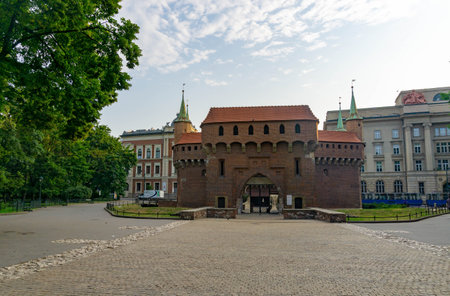 Krakow Barbican at sunrise, without people on a sunny day.のeditorial素材