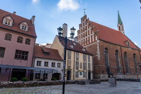 Streets in the center of Riga, with famous restaurants on a sunny day. Empty streets and closed restaurants.の写真素材