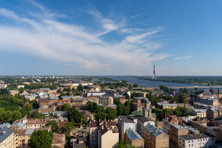 Panoramic of the skyline of the city of Riga captured from the tower of the Riga Academy of Sciences. Photo taken on a sunny day.の写真素材
