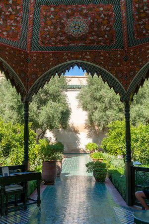 Main courtyard of the Secret Garden of the city of Marrakech, on a sunny day, without tourists.の写真素材