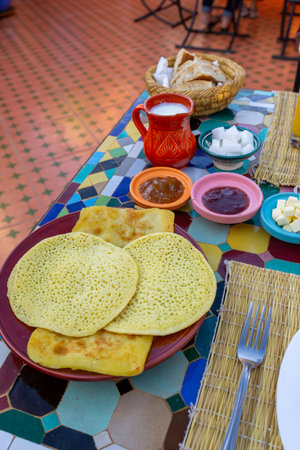 Typical breakfast of the riads in the city of Marrakech. Almost all breakfast is sweet.の写真素材