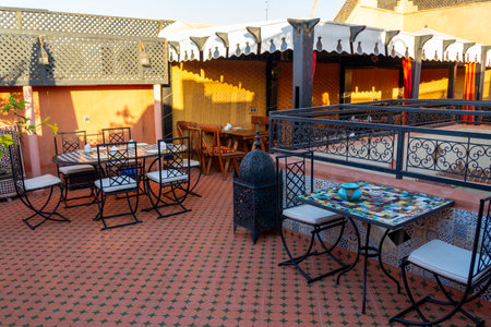 Upper terrace of a Riad. Typical Moroccan house, with lots of decoration on the terrace. Sunny morning.のeditorial素材