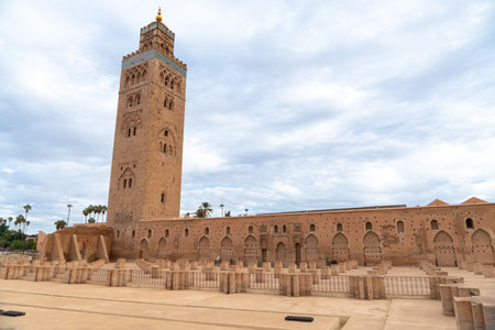 Photo of the exterior of the Koutoubia mosque in the city of Marrakech, cloudy day.の写真素材