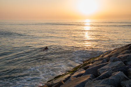 Sunset on the beach with a man swimming in the sea.の写真素材