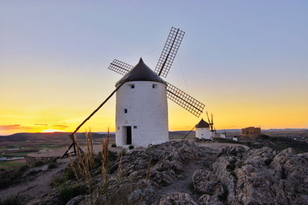 Old windmills in Consuegra, Toledo Province, Castilla La Mancha, Spain.の写真素材