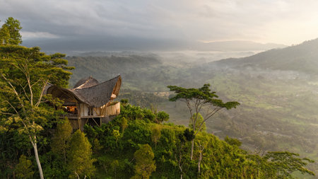 Hut in the jungle at sunset, Bali island, Indonesia