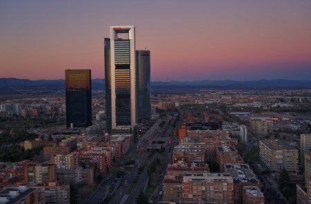 Aerial view of the city of Madrid at sunset, Spain.の写真素材